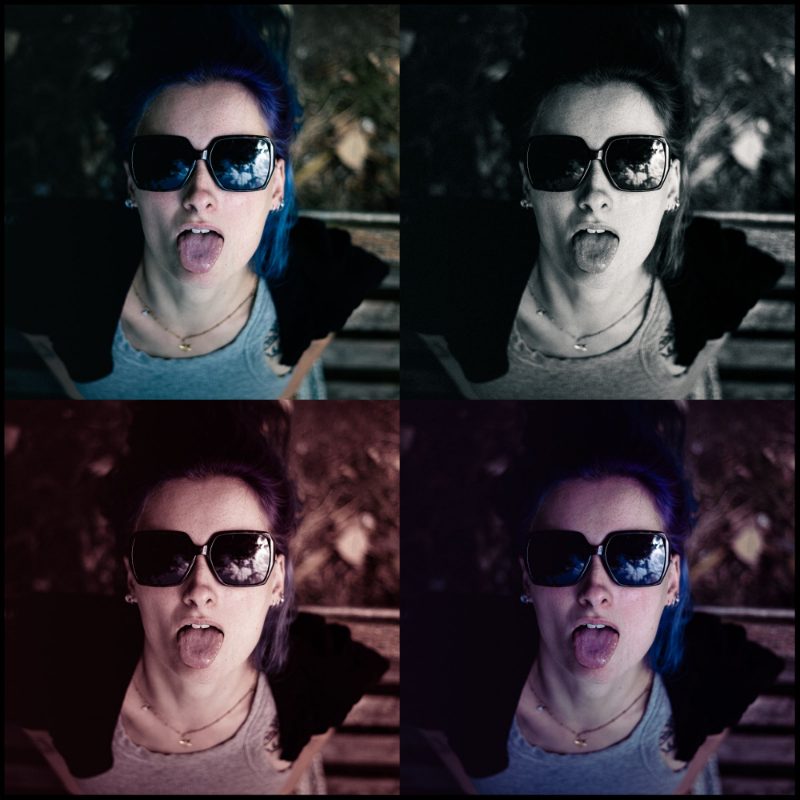 Portrait en quatre étalonnages : visage aux cheveux bleus, lunettes de soleil reflétant des nuages, langue tirée